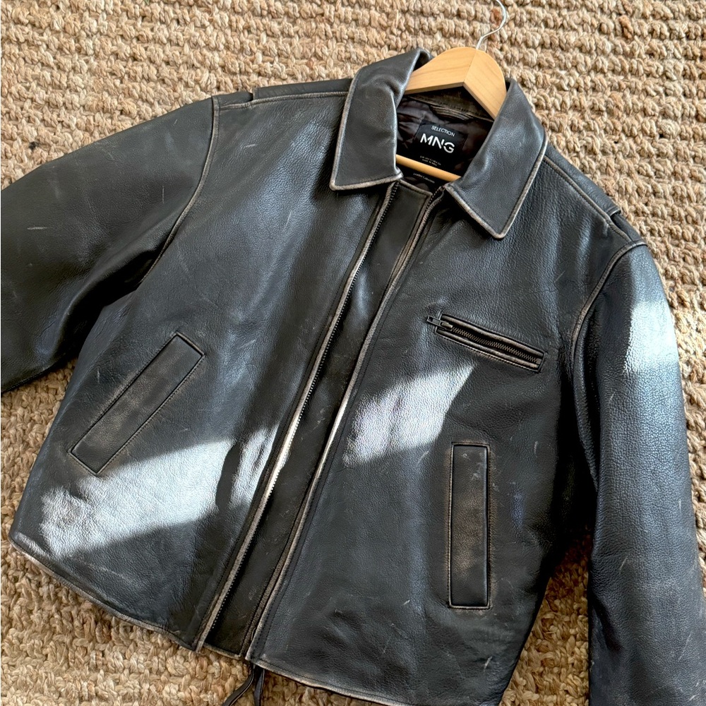 Mango Worn Effect Leather Jacket Size Small